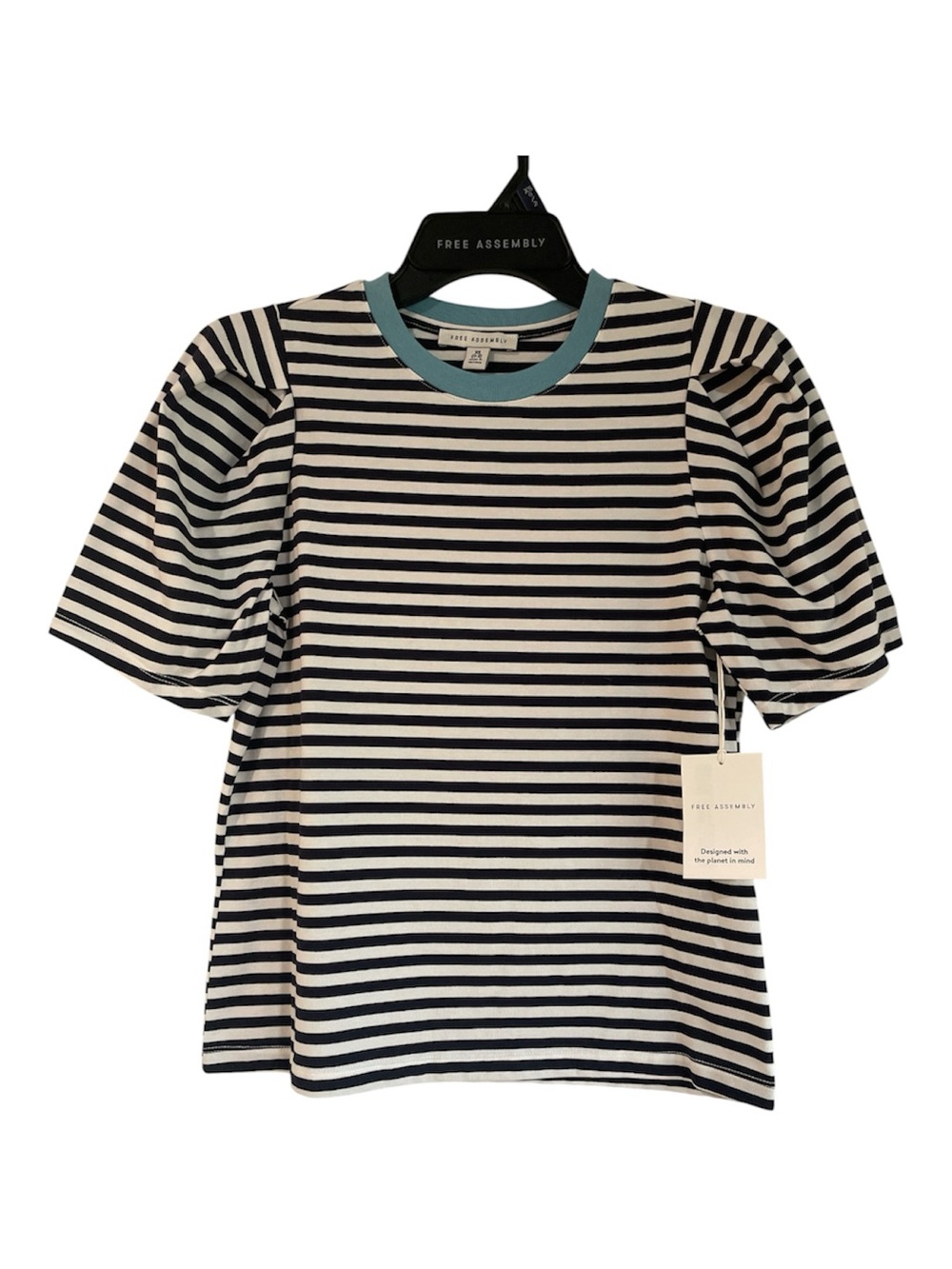 Free Assembly Black & White Striped Short Sleeve Tee with Blue Trim